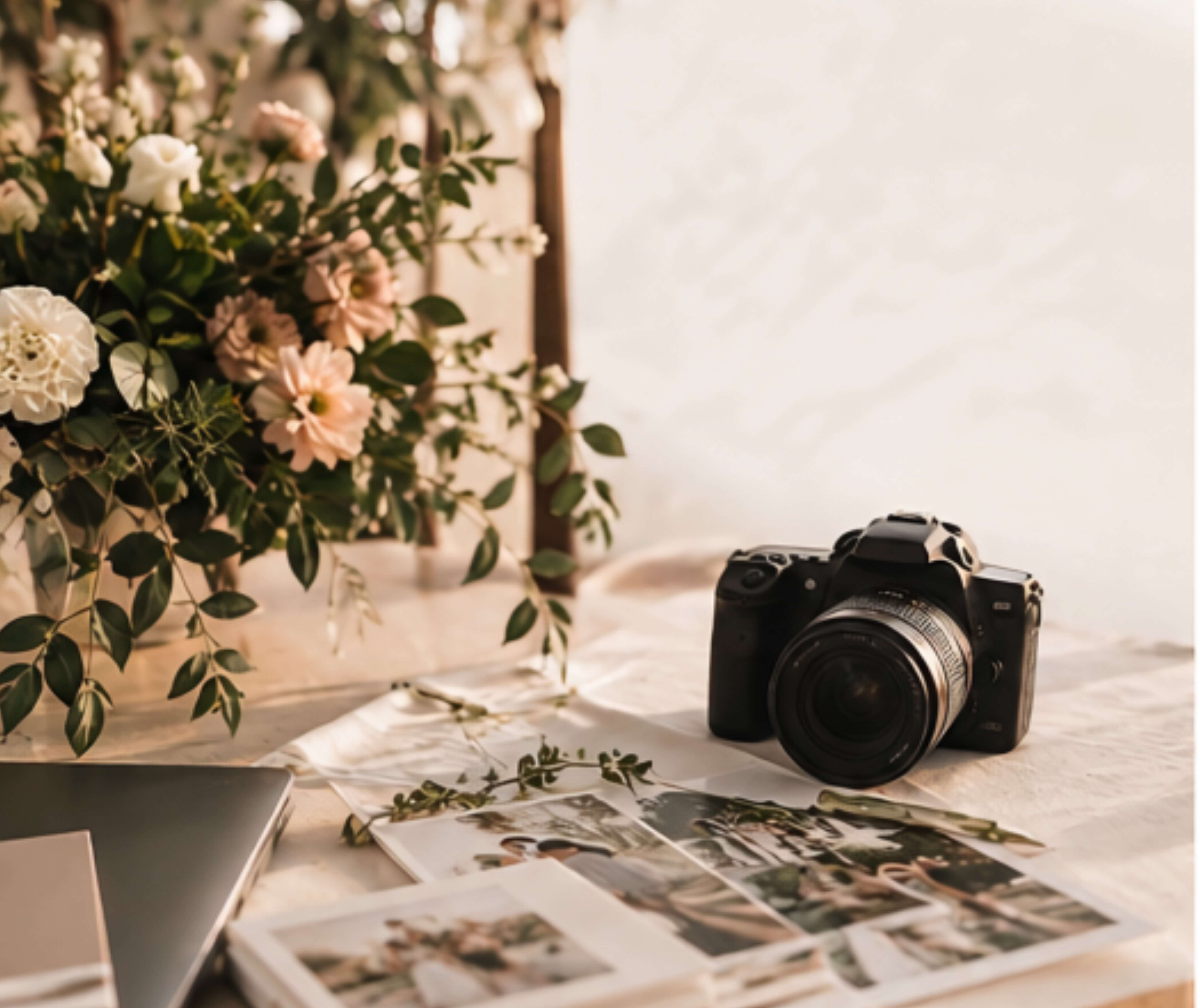 Macchina fotografica e stampe di matrimonio accanto a una composizione floreale