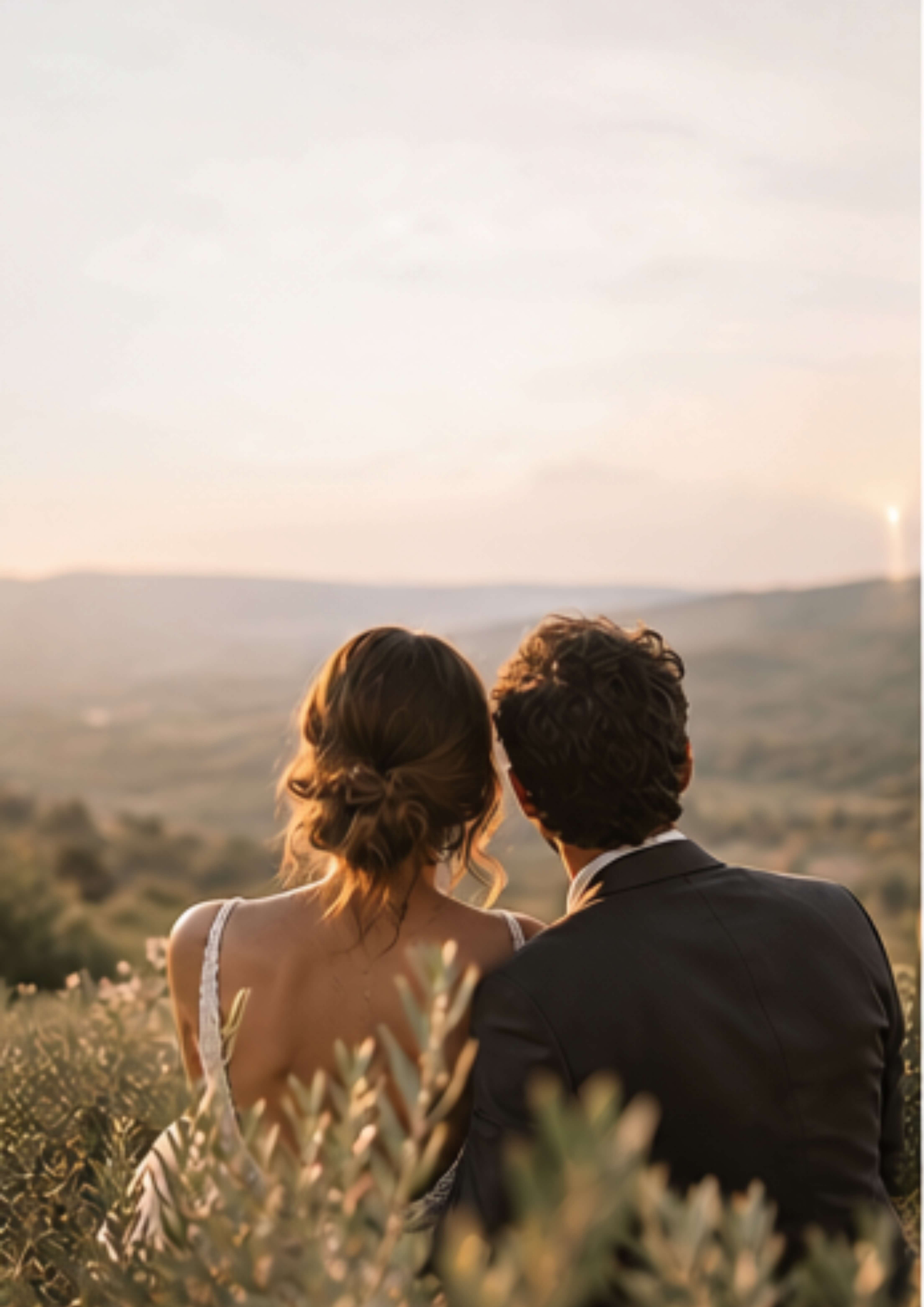 Gli sposi ammirano insieme il paesaggio al tramonto